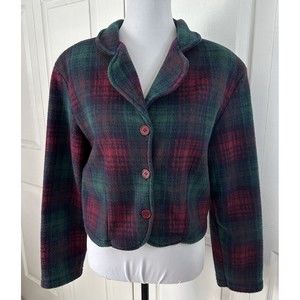 Coco Blue Women’s Fleece Button up Blazer Red Green Plaid Coat Jacket Size Large